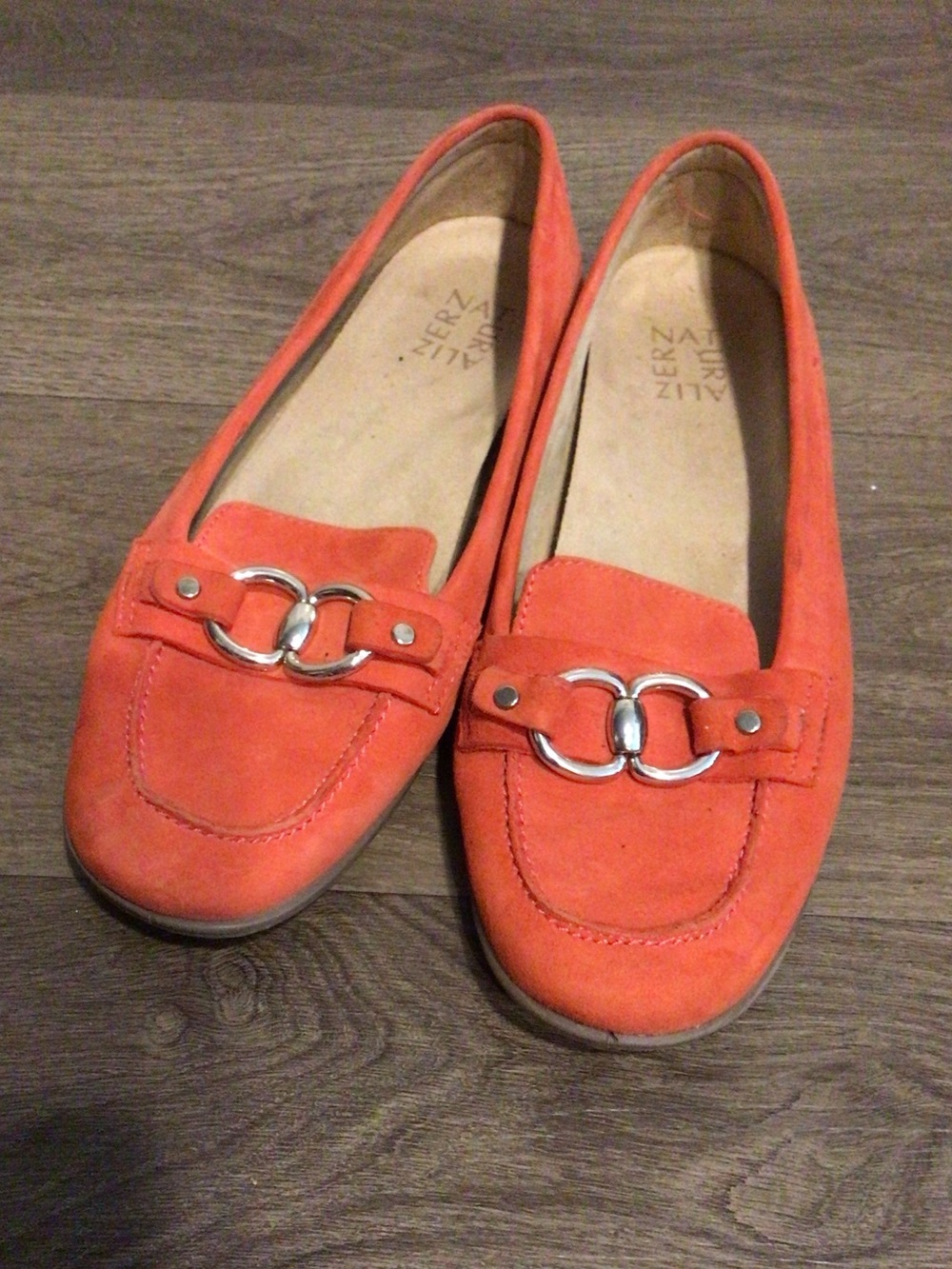 Naturalizer Orange Suede Loafers with Double Ring Accent